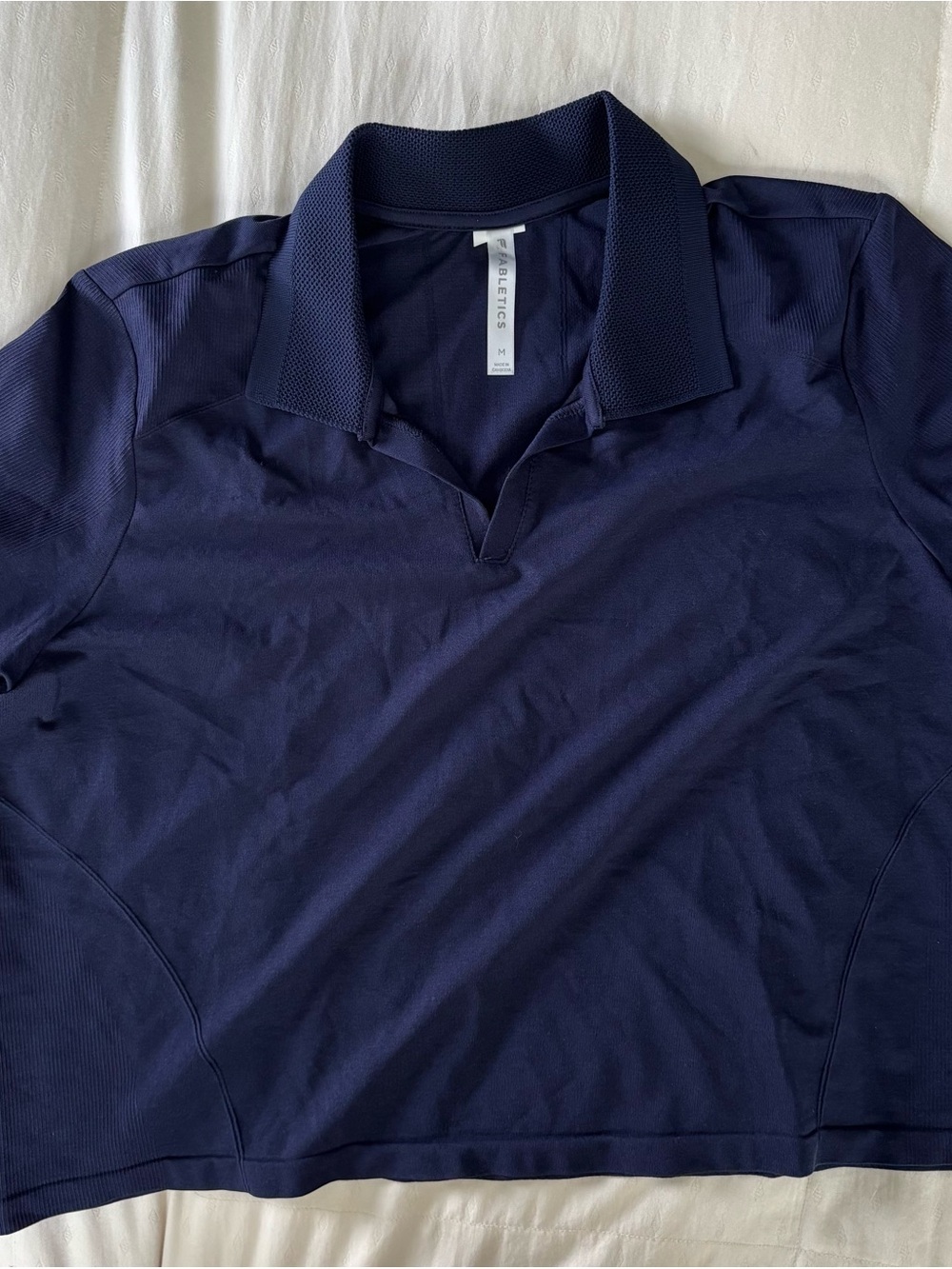 Fabletics Women's Medium Navy Boxy Crop Polo with Textured Collar